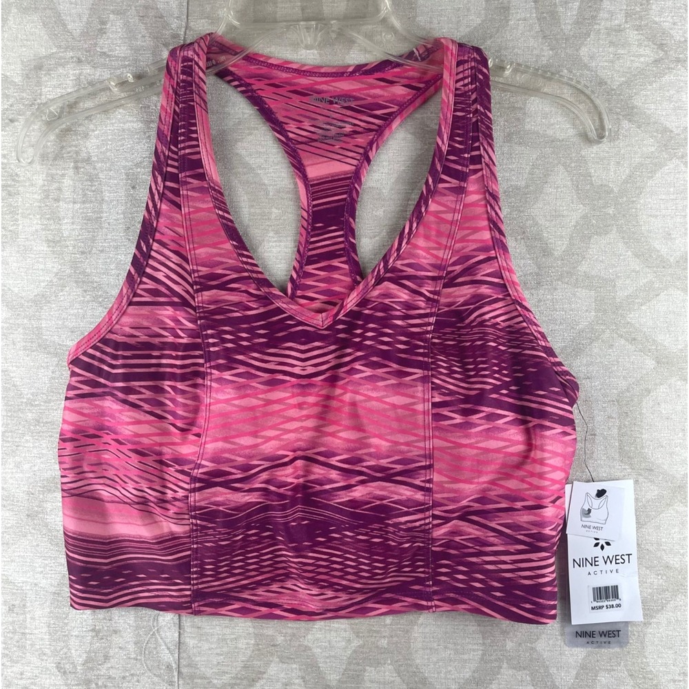 Nine West Active Women Large Pink Purple Geometric Racerback Sports Bra NWT